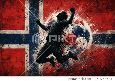 Norway national football team wallpaper, banner, poster, background. Norway soccer player silhouette celebrating victory against a grunge national flag. Norway national football team wallpaper, banner, poster, background. Norway soccer player silhouette celebrating victory against a grunge national flag. 139768395