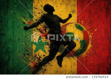 Senegal national football team wallpaper, banner, poster, background. Senegal soccer player silhouette celebrating victory against a grunge national flag. Senegal national football team wallpaper, banner, poster, background. Senegal soccer player silhouette celebrating victory against a grunge national flag. 139768414