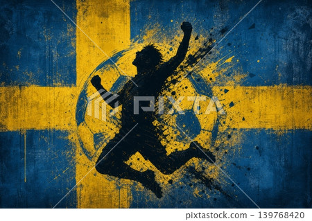 Sweden national football team wallpaper, banner, poster, background. Sweden soccer player silhouette celebrating victory against a grunge national flag. Sweden national football team wallpaper, banner, poster, background. Sweden soccer player silhouette celebrating victory against a grunge national flag. 139768420