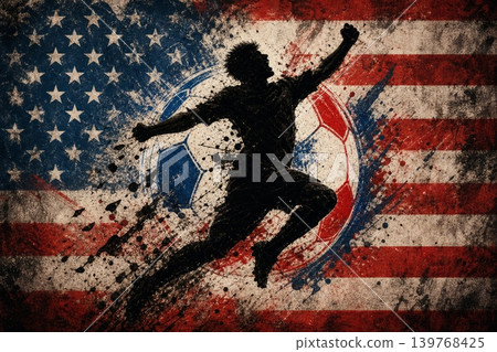 United States national football team wallpaper, banner, poster, background. United States soccer player silhouette celebrating victory against a grunge national flag. 139768425