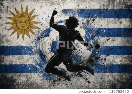 Uruguay national football team wallpaper, banner, poster, background. Uruguay soccer player silhouette celebrating victory against a grunge national flag. 139768430