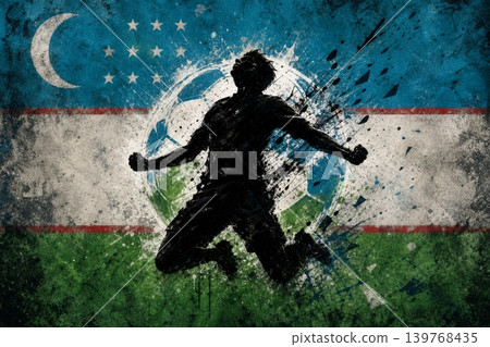 Uzbekistan national football team wallpaper, banner, poster, background. Uzbekistan soccer player silhouette celebrating victory against a grunge national flag. Uzbekistan national football team wallpaper, banner, poster, background. Uzbekistan soccer player silhouette celebrating victory against a grunge national flag. 139768435
