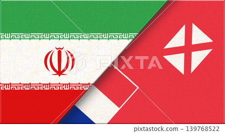 Double flag of Iran and Wallis and Futuna on fabric texture. Two flags together. Double flag of Iran and Wallis and Futuna on fabric texture. Two flags together. 139768522
