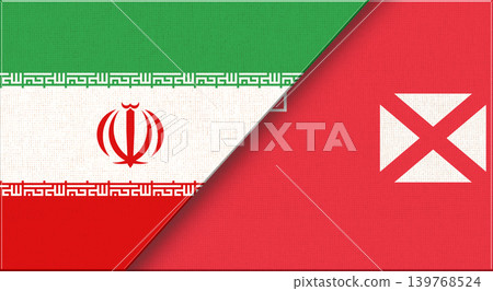 Double flag of Iran and Wallis and Futuna on fabric texture. Two flags together. Double flag of Iran and Wallis and Futuna on fabric texture. Two flags together. 139768524