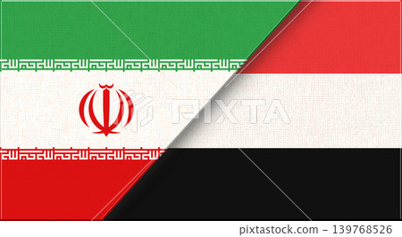 Double flag of Iran and Yemen on fabric texture. Two flags together Double flag of Iran and Yemen on fabric texture. Two flags together 139768526