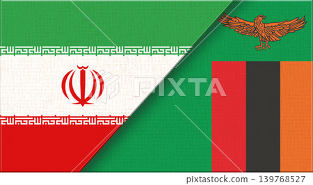 Double flag of Iran and Zambia on fabric texture. Two flags together. Double flag of Iran and Zambia on fabric texture. Two flags together. 139768527