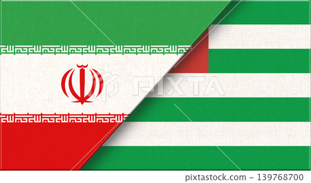 Double flag of Iran and Abkhazia on fabric texture. Two flags together. Double flag of Iran and Abkhazia on fabric texture. Two flags together. 139768700