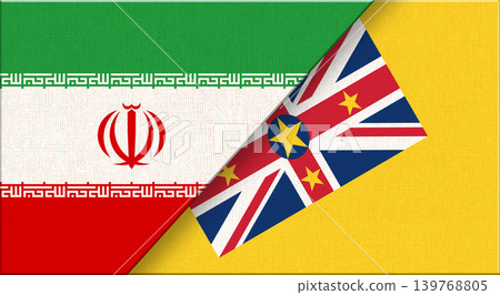 Iran and Niue flags on fabric texture for diplomacy and sport events Iran and Niue flags on fabric texture for diplomacy and sport events 139768805