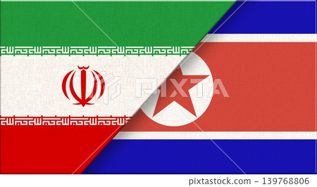 Iran and North Korea flags on fabric for diplomacy and sport events. Two Flags Iran and North Korea flags on fabric for diplomacy and sport events. Two Flags 139768806