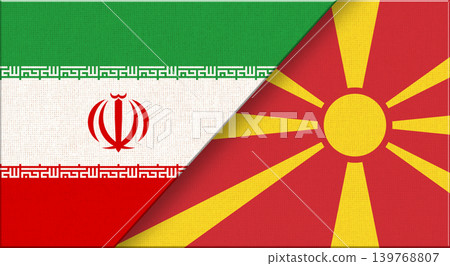 Iran and North Macedonia flags on fabric texture for diplomacy and sport events Iran and North Macedonia flags on fabric texture for diplomacy and sport events 139768807