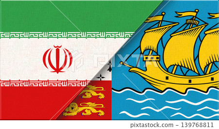 Iran and Saint Pierre and Miquelon flags on fabric for diplomacy. Double Flag Iran and Saint Pierre and Miquelon flags on fabric for diplomacy. Double Flag 139768811