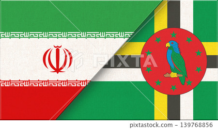 Iran and Dominica flags on fabric for diplomacy and sport events Iran and Dominica flags on fabric for diplomacy and sport events 139768856