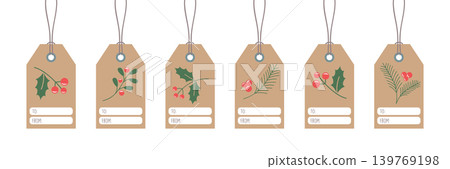 christmas paper tag set label with holly berry motifs vector illustration 139769198