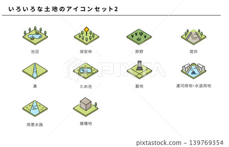 一套簡單的彩色圖標，包含各種土地類型（土地分類），向量素材 2 139769354