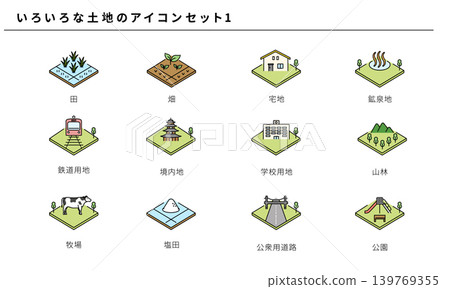 Simple color icon set of various land types (land classifications), vector material 1 Simple color icon set of various land types (land classifications), vector material 1 139769355