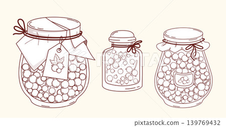 Outline Fresh Currants Berries in Glass Jars with Paper Lid and Label tag. Line drawing, coloring page. Vector Illustration. Isolated Delicious Homemade Berry Jam Preparations Outline Fresh Currants Berries in Glass Jars with Paper Lid and Label tag. Line drawing, coloring page. Vector Illustration. Isolated Delicious Homemade Berry Jam Preparations 139769432