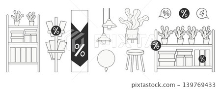Shopping, Percent Signs and Sale Banners. Retail Shelves with Houseplants, Pendant Lamps and Discount Icons, Stool, Text Bubble. Store Interior. Isolated Minimalist Vector Outline Illustration Shopping, Percent Signs and Sale Banners. Retail Shelves with Houseplants, Pendant Lamps and Discount Icons, Stool, Text Bubble. Store Interior. Isolated Minimalist Vector Outline Illustration 139769433