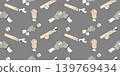 Professional Cricket Bat Hitting Ball Seamless Pattern. Hands Striking And Catching White Ball on Gray Background. Vector Horizontal Illustration. Repeating template Night Match Gear Elements. 139769434