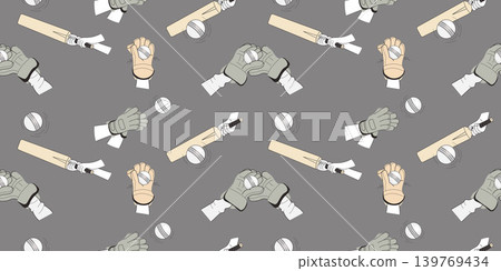 Professional Cricket Bat Hitting Ball Seamless Pattern. Hands Striking And Catching White Ball on Gray Background. Vector Horizontal Illustration. Repeating template Night Match Gear Elements. Professional Cricket Bat Hitting Ball Seamless Pattern. Hands Striking And Catching White Ball on Gray Background. Vector Horizontal Illustration. Repeating template Night Match Gear Elements. 139769434