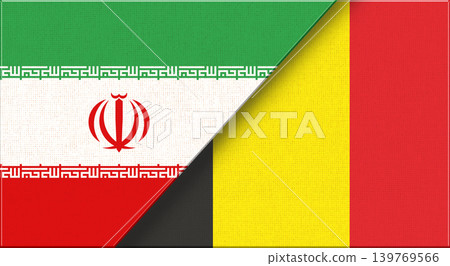 Double flag of Iran and Belgium on fabric texture. Two flags together Double flag of Iran and Belgium on fabric texture. Two flags together 139769566