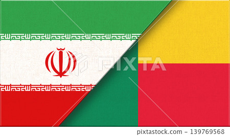 Double flag of Iran and Benin on fabric texture. Two flags together Double flag of Iran and Benin on fabric texture. Two flags together 139769568
