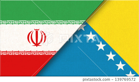 Double flag of Iran and Bosnia and Herzegovina on fabric texture. Two flags together Double flag of Iran and Bosnia and Herzegovina on fabric texture. Two flags together 139769572