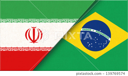 Double flag of Iran and Brazil on fabric texture. Two flags together Double flag of Iran and Brazil on fabric texture. Two flags together 139769574
