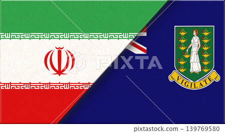 Double flag of Iran and British Virgin Islands on fabric texture. Two flags together. Double flag of Iran and British Virgin Islands on fabric texture. Two flags together. 139769580