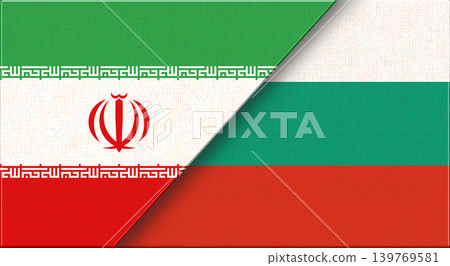 Double flag of Iran and Bulgaria on fabric texture. Two flags together Double flag of Iran and Bulgaria on fabric texture. Two flags together 139769581
