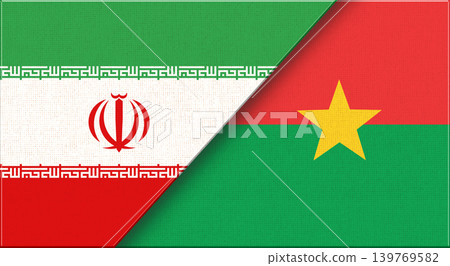 Double flag of Iran and Burkina Faso on fabric texture. Two flags together. Double flag of Iran and Burkina Faso on fabric texture. Two flags together. 139769582