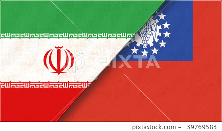Double flag of Iran and Myanmar on fabric texture. Two flags together Double flag of Iran and Myanmar on fabric texture. Two flags together 139769583