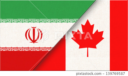 Double flag of Iran and Canada on fabric texture. Two flags together Double flag of Iran and Canada on fabric texture. Two flags together 139769587