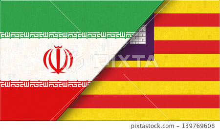 Double flag of Iran and Balearic Islands on fabric texture. Two flags together Double flag of Iran and Balearic Islands on fabric texture. Two flags together 139769608
