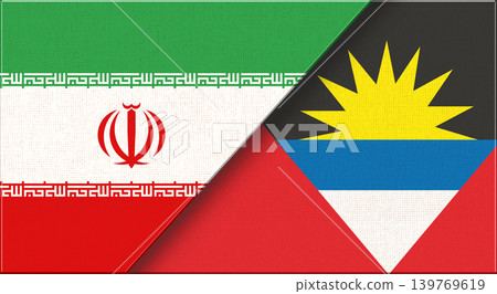 Double flag of Iran and Antigua and Barbuda on fabric texture. Two flags together Double flag of Iran and Antigua and Barbuda on fabric texture. Two flags together 139769619