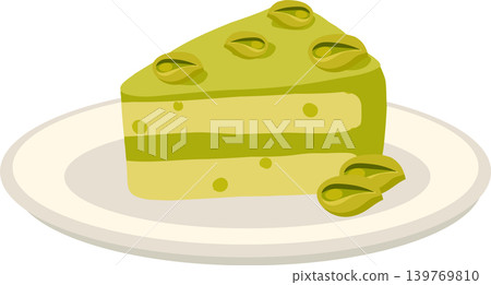 Pistachio cake slice. Cake slice illustration with pistachio topping for bakery and cafe design Pistachio cake slice. Cake slice illustration with pistachio topping for bakery and cafe design 139769810