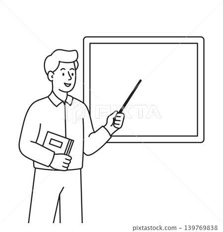 Male teacher pointing at blank presentation board line art illustration 139769838
