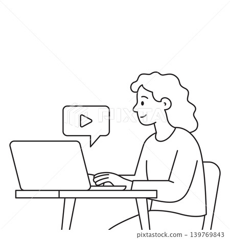 Young woman watching online video lesson on laptop outline illustration Young woman watching online video lesson on laptop outline illustration 139769843