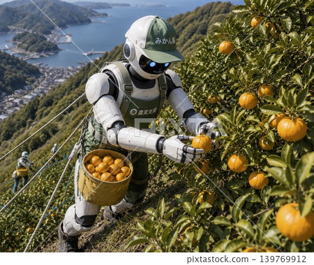 一個人形機器人正在橘子園裡採摘橘子。 139769912