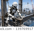 一個人形機器人正在建築工地擔任鷹架工人。 139769917