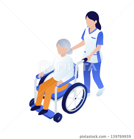 等距視角 | 一位坐在輪椅上的老婦人和一位年輕的護理員 139769939
