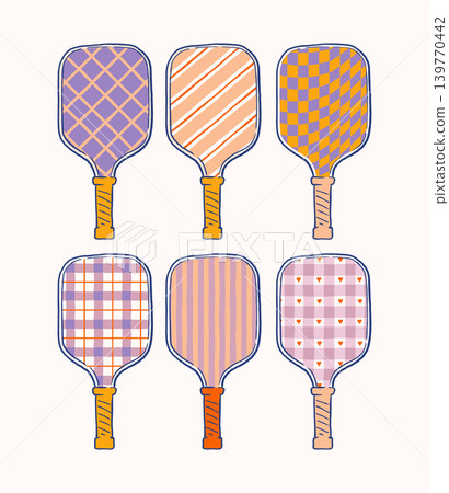Pickleball paddle collection with pastel retro patterns. Sport and active lifestyle vintage vector Pickleball paddle collection with pastel retro patterns. Sport and active lifestyle vintage vector 139770442