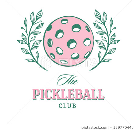 Pickleball club logo template with pink ball and green leaves. Botanical vintage vector illustration Pickleball club logo template with pink ball and green leaves. Botanical vintage vector illustration 139770443