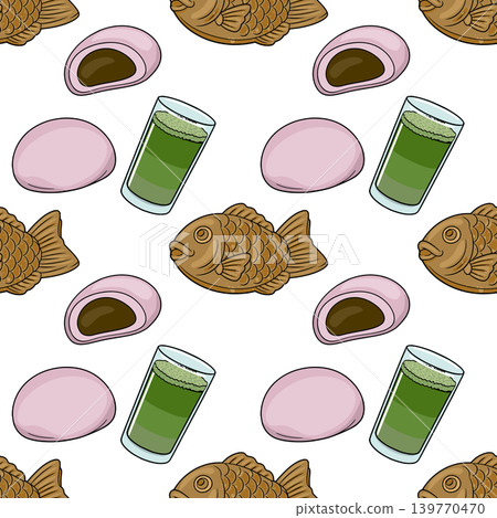 Seamless vector pattern of Japanese Taiyaki fish cakes, pink mochi, and green matcha tea drinks. Seamless vector pattern of Japanese Taiyaki fish cakes, pink mochi, and green matcha tea drinks. 139770470