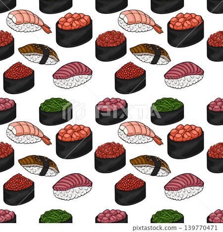 Seamless vector pattern of assorted Japanese sushi dishes, including tuna, salmon roe, shrimp, eel, and chopped tuna gunkan maki, on a white background. Seamless vector pattern of assorted Japanese sushi dishes, including tuna, salmon roe, shrimp, eel, and chopped tuna gunkan maki, on a white background. 139770471