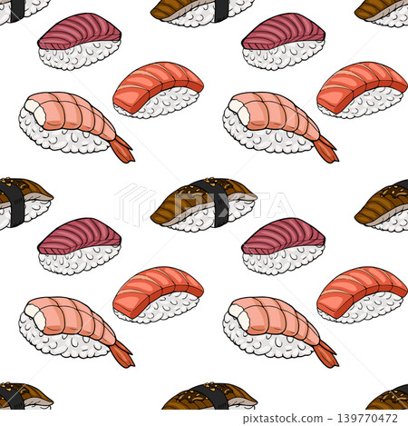 Seamless vector pattern of delicious sushi nigiri with tuna, salmon, and shrimp, isolated on white. Seamless vector pattern of delicious sushi nigiri with tuna, salmon, and shrimp, isolated on white. 139770472