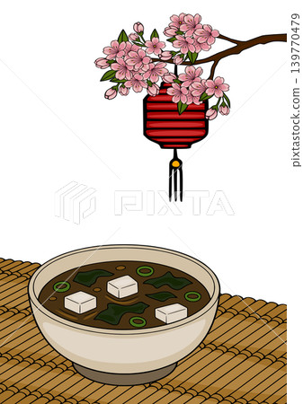 Japanese Miso Soup with Tofu and Seaweed, Sakura Blossom and Red Lantern Vector Poster 139770479