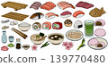 Vibrant vector illustration of a diverse Japanese food set, including sushi, ramen, mochi, and more, perfect for culinary themes. 139770480