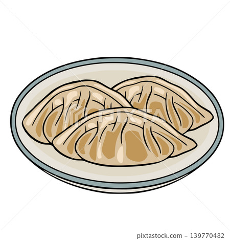 Delicious vector illustration of three golden-brown dumplings on a light beige plate with a blue rim. Delicious vector illustration of three golden-brown dumplings on a light beige plate with a blue rim. 139770482