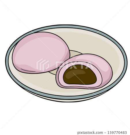 Pink Mochi with Chocolate Filling on a Plate, Japanese Dessert Vector Illustration Pink Mochi with Chocolate Filling on a Plate, Japanese Dessert Vector Illustration 139770483