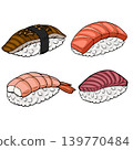Vector illustration of four distinct sushi nigiri pieces, including eel, salmon, shrimp, and tuna, on a white background. 139770484